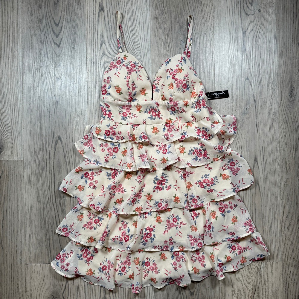 Speechless Ditsy Floral Tiered Ruffle Mini Dress Cream Pink Sm NWT Western Boho